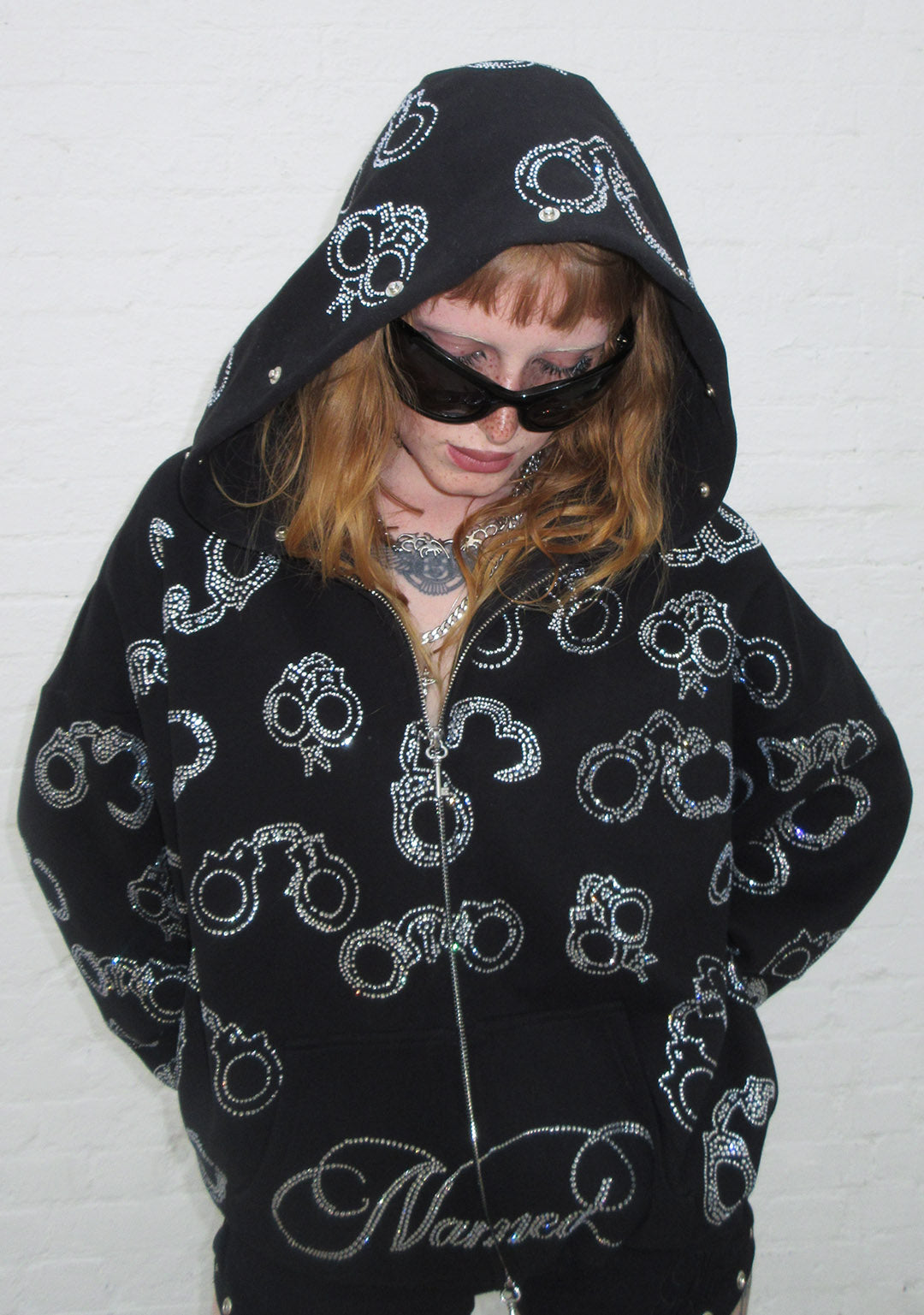 HEIST FAUX FUR RHINESTONE CUFF ZIP HOODIE BLACK (DETACHABLE FUR)