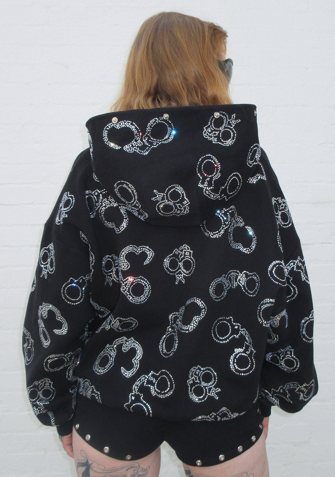 HEIST FAUX FUR RHINESTONE CUFF ZIP HOODIE BLACK (DETACHABLE FUR)