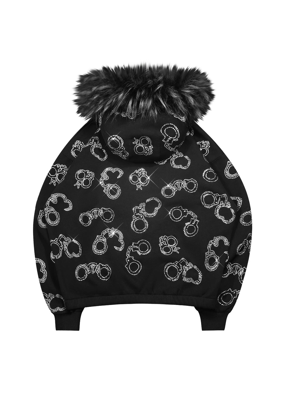 HEIST FAUX FUR RHINESTONE CUFF ZIP HOODIE BLACK (DETACHABLE FUR)