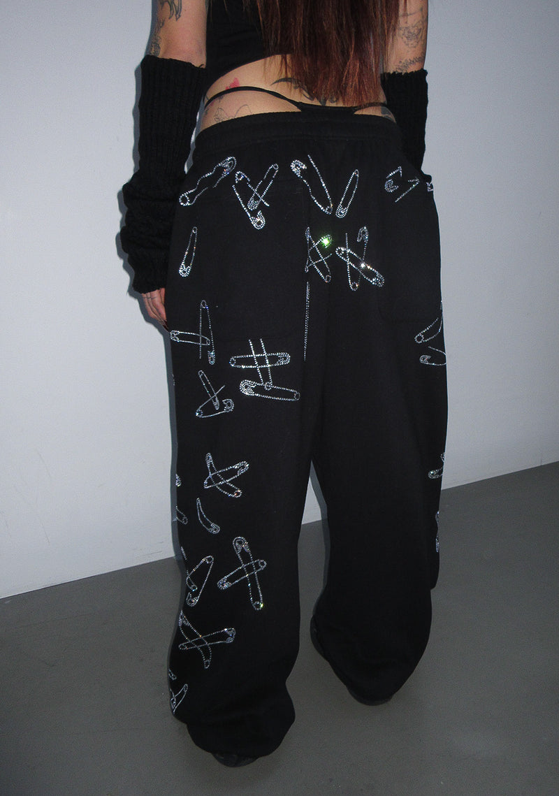 HEIST RHINESTONE SAFETY PIN OVERSIZED SWEATPANTS BLACK