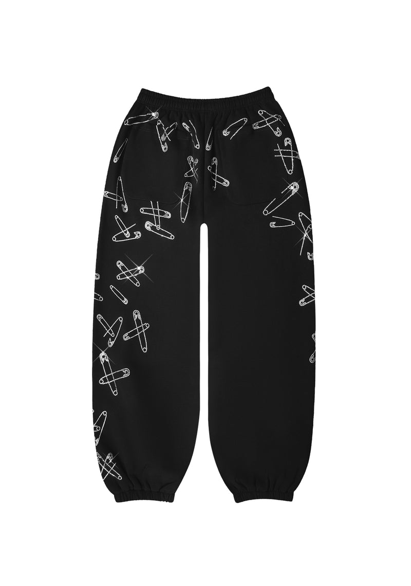 HEIST RHINESTONE SAFETY PIN OVERSIZED SWEATPANTS BLACK