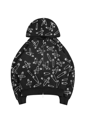 HEIST RHINESTONE SAFETY PIN  ZIP HOODIE BLACK