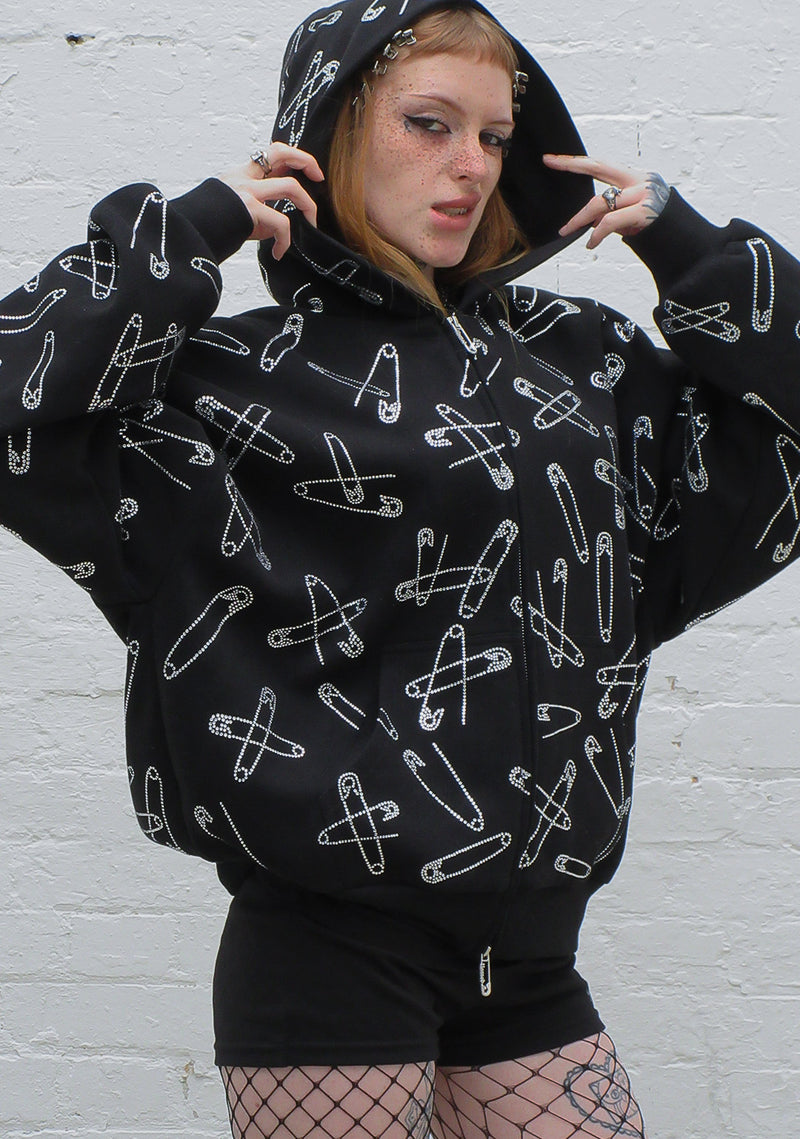 HEIST RHINESTONE SAFETY PIN  ZIP HOODIE BLACK