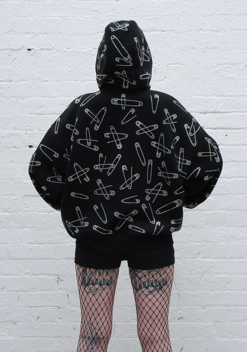 HEIST RHINESTONE SAFETY PIN  ZIP HOODIE BLACK