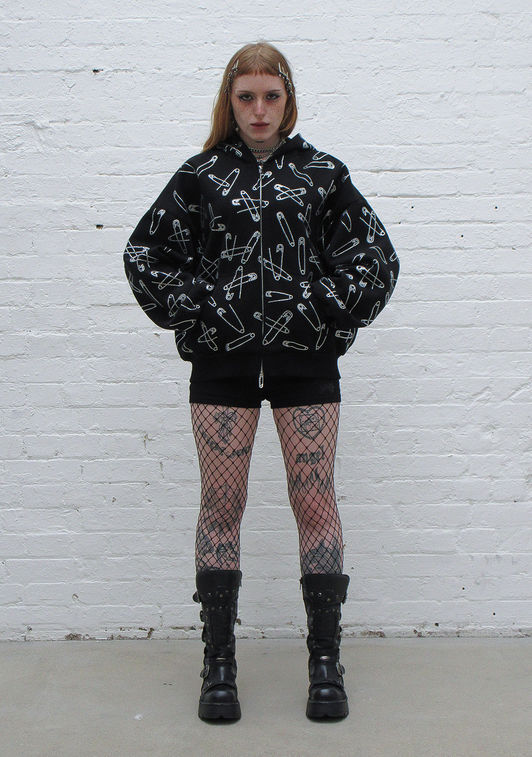 HEIST RHINESTONE SAFETY PIN ZIP HOODIE BLACK