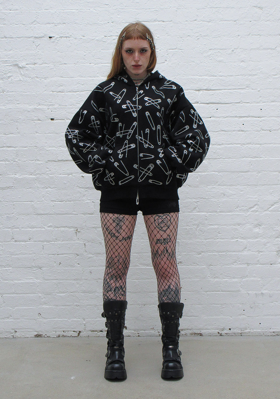 HEIST RHINESTONE SAFETY PIN ZIP HOODIE BLACK