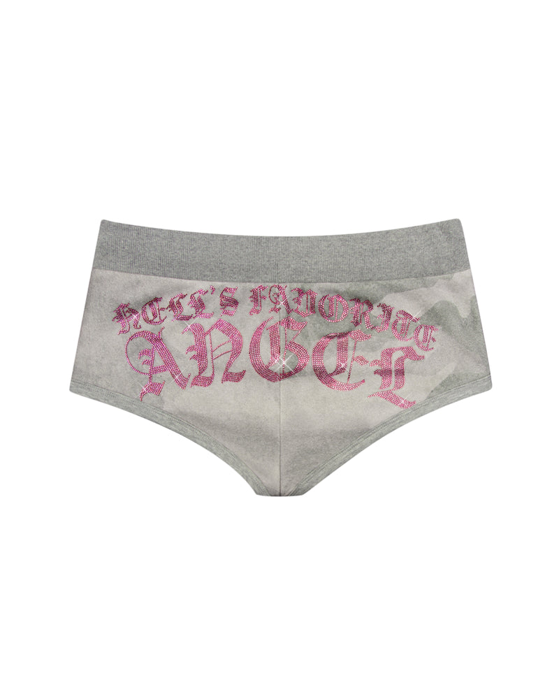 HELL'S FAVORITE RHINESTONE MICRO RACER SHORTS CAMO