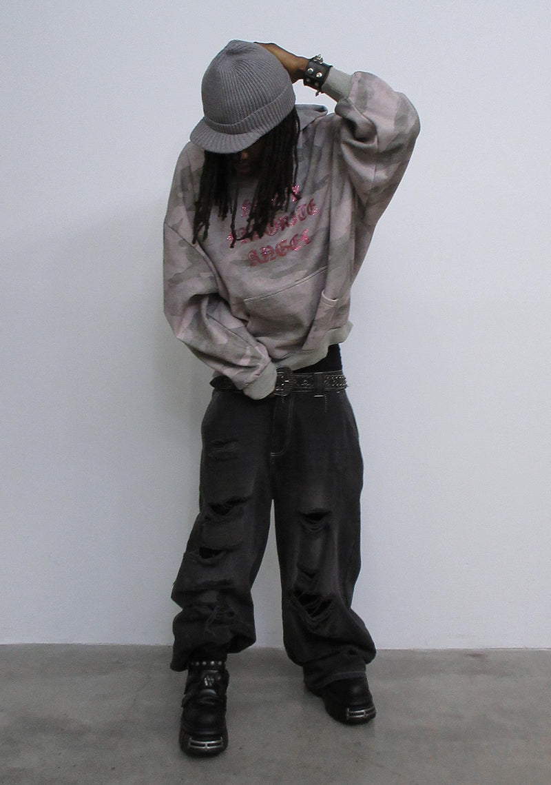 HELL'S FAVORITE RHINESTONE PULLOVER HOODIE CAMO