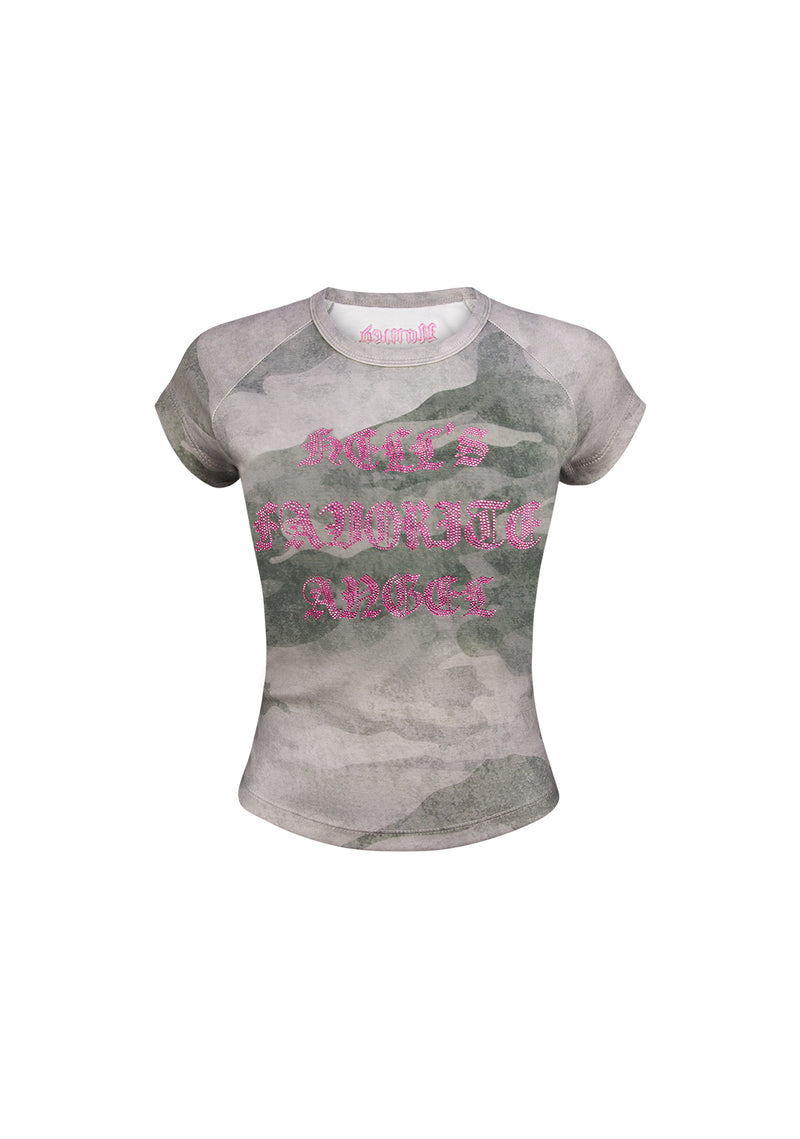 HELL'S FAVORITE RHINESTONE BABY TEE CAMO