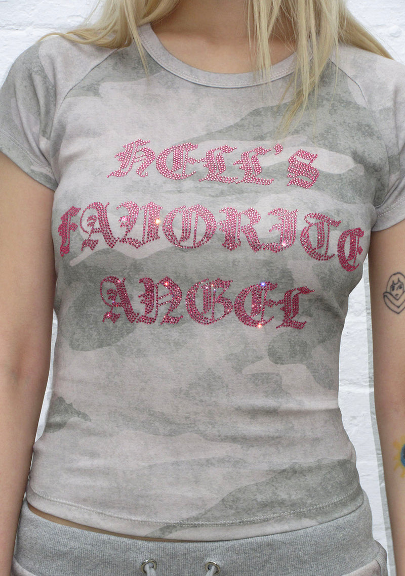 HELL'S FAVORITE RHINESTONE BABY TEE CAMO