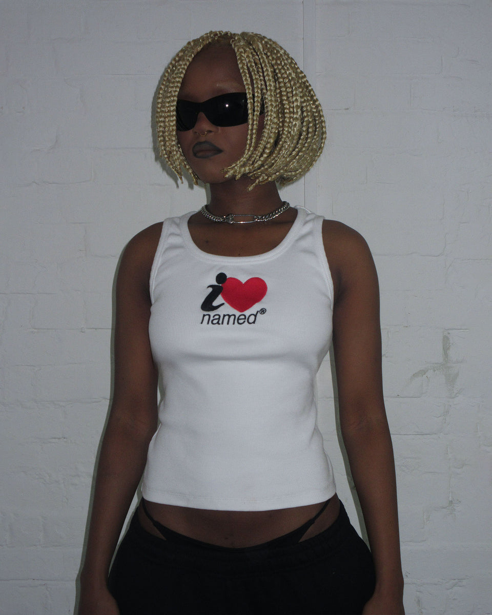 I <3 NAMED EMBROIDERED RIBBED TANK WHITE