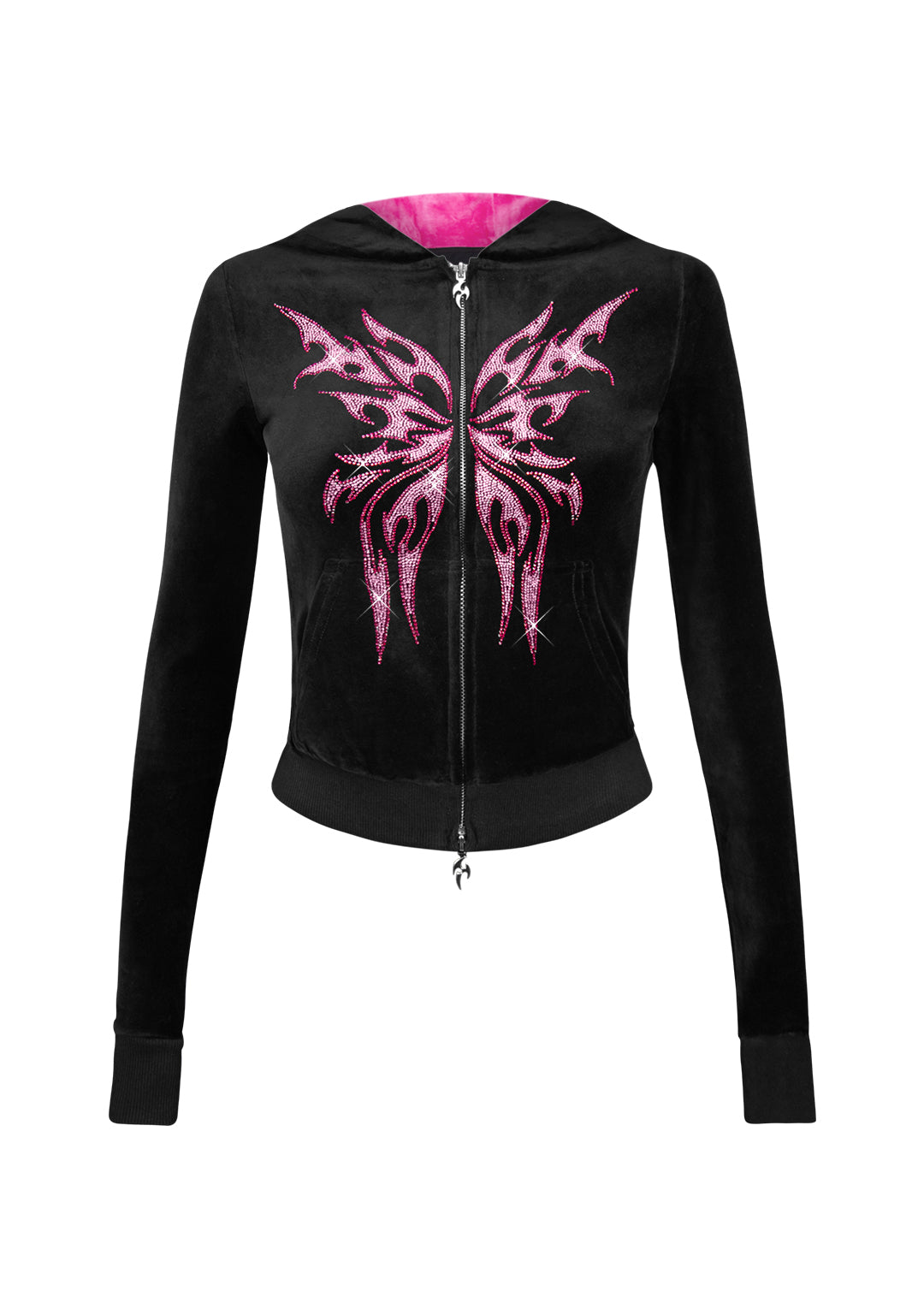 IDOL RHINESTONE VELOUR FITTED ZIP HOODIE BLACK