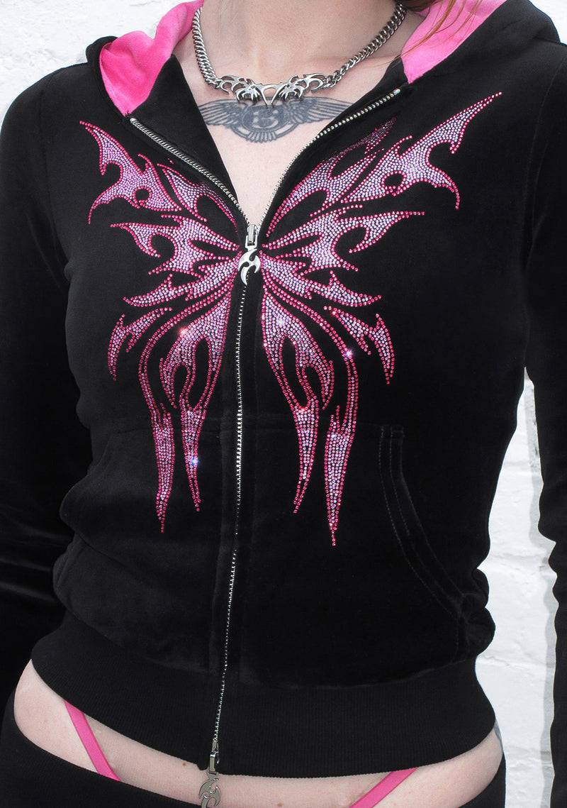 IDOL RHINESTONE VELOUR FITTED ZIP HOODIE BLACK