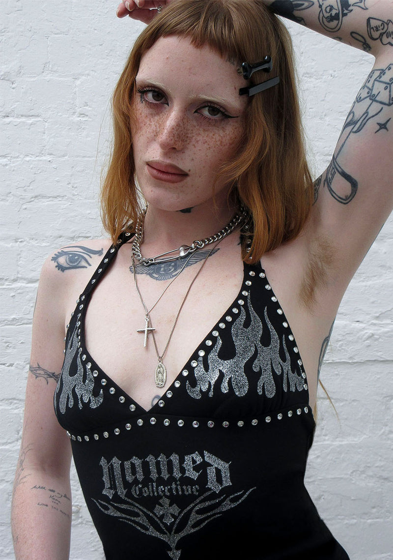 IGNITE RHINESTONE HALTERNECK CAMI TOP BLACK