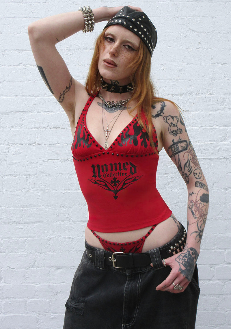 IGNITE RHINESTONE HALTERNECK CAMI TOP RED