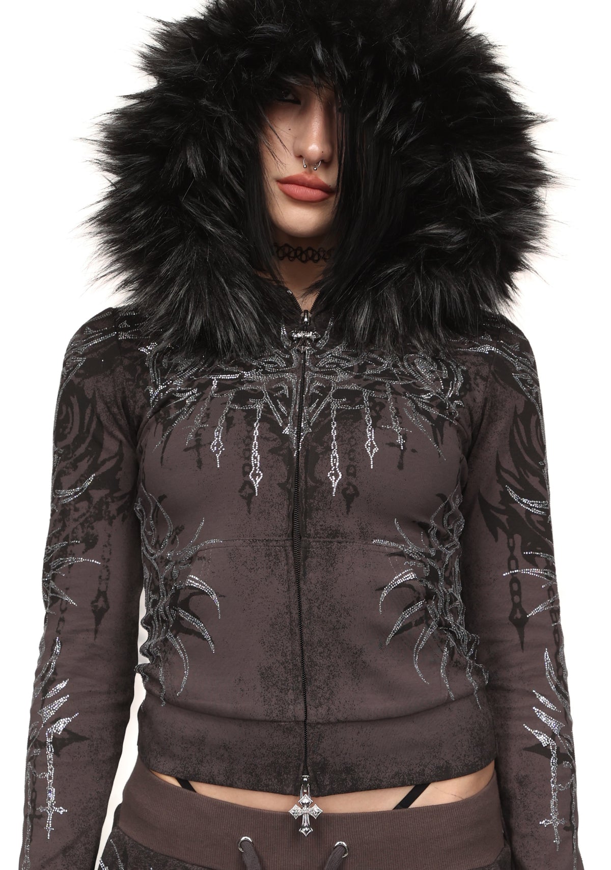 INFATUATION RHINESTONE FITTED HOODIE DEEP GREY