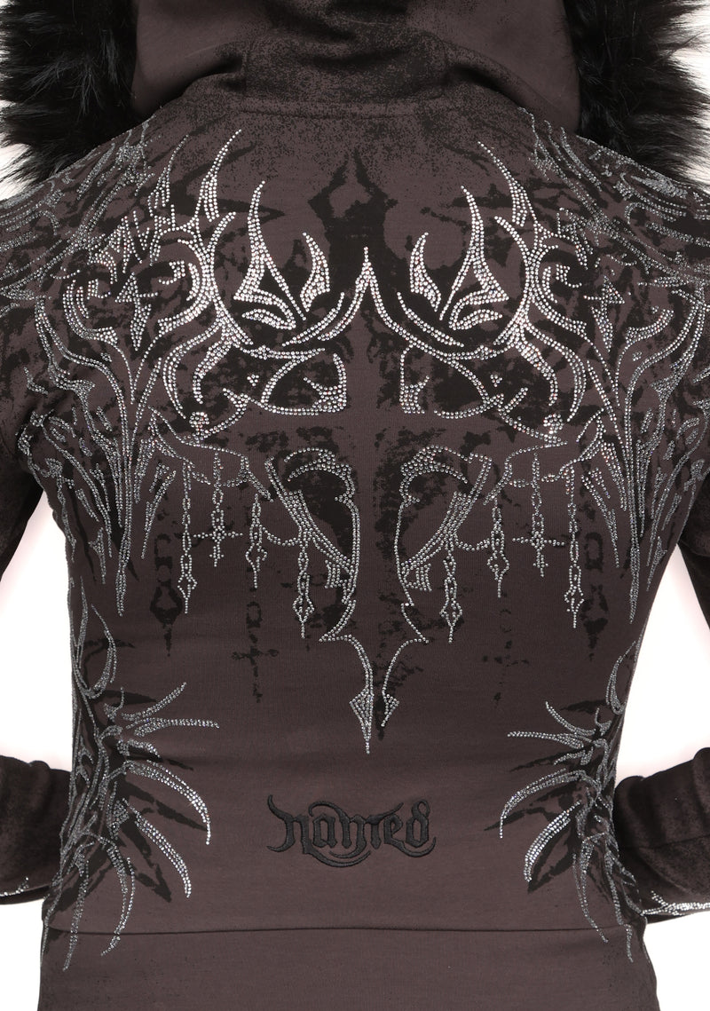INFATUATION RHINESTONE FITTED HOODIE DEEP GREY
