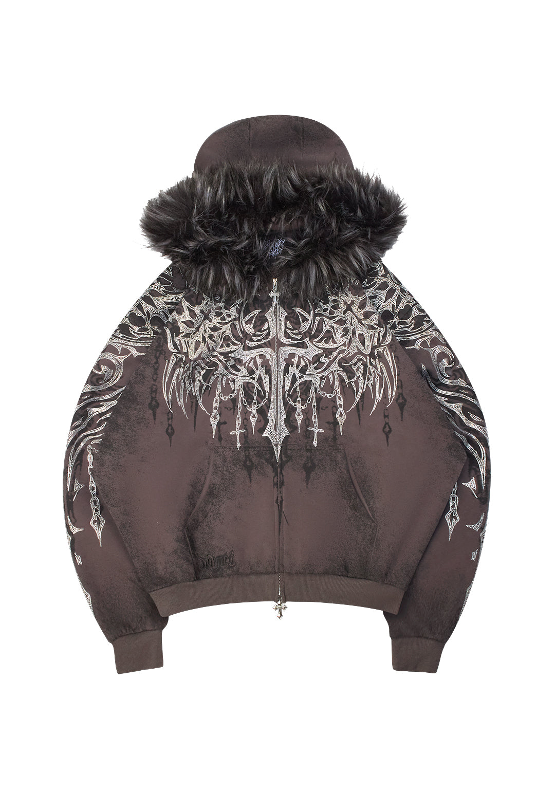 INFATUATION RHINESTONE ZIP HOODIE DEEP GREY