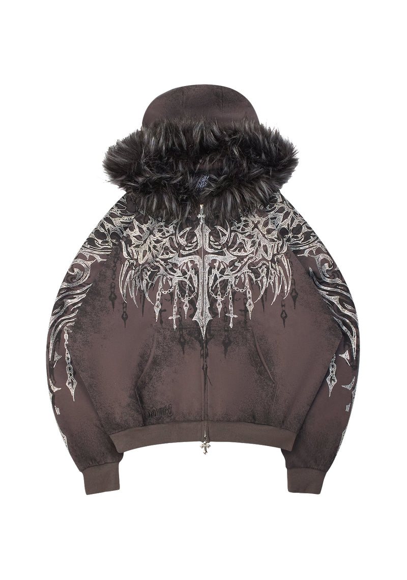 INFATUATION RHINESTONE ZIP HOODIE DEEP GREY