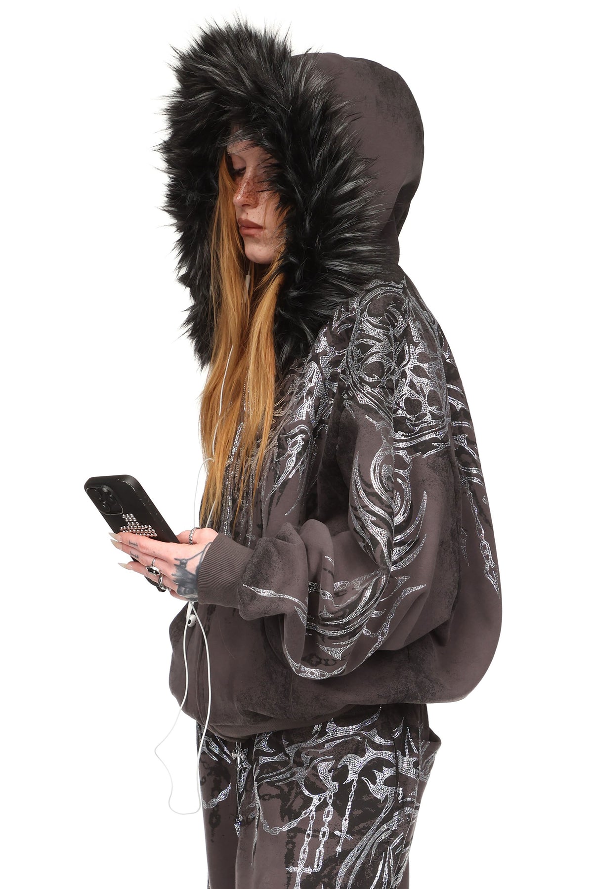 INFATUATION RHINESTONE ZIP HOODIE DEEP GREY