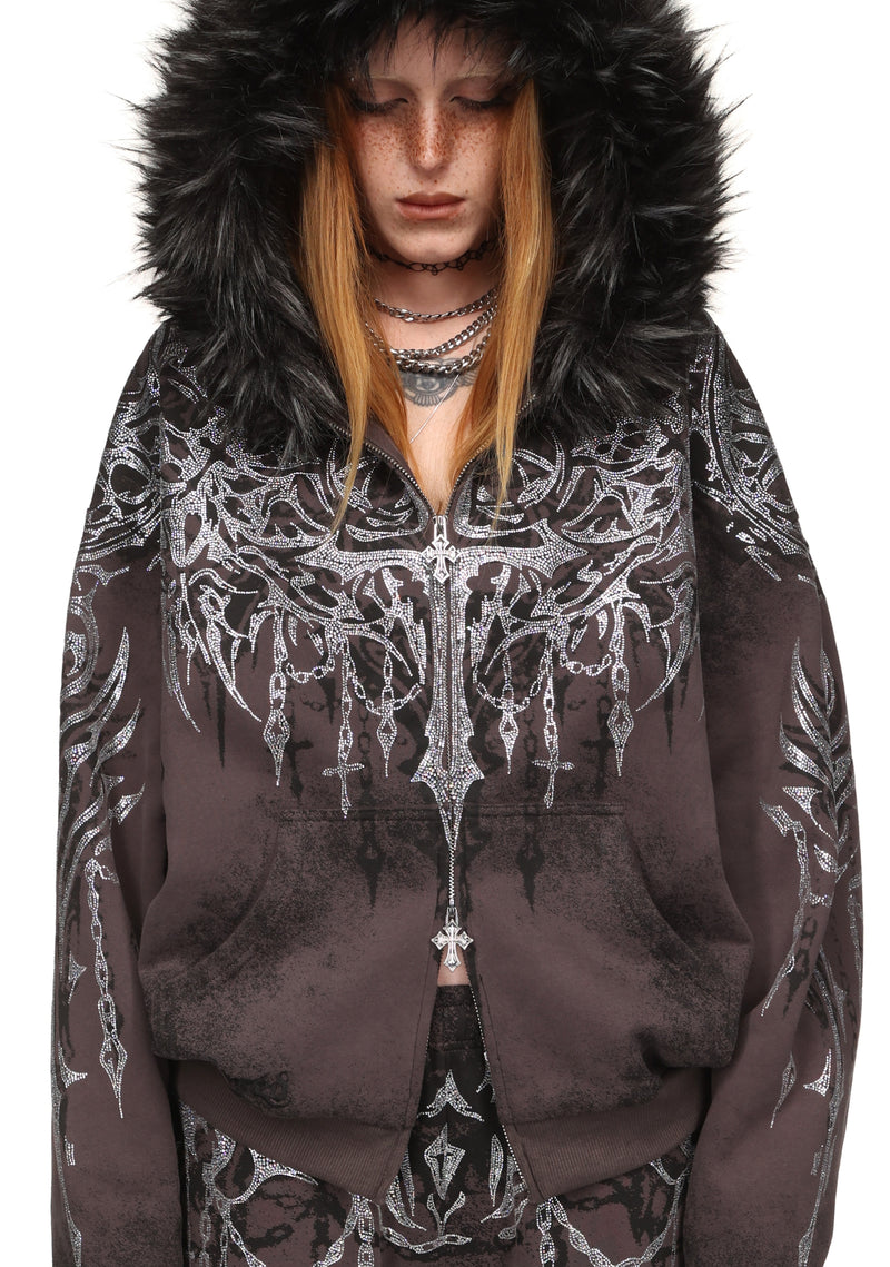 INFATUATION RHINESTONE ZIP HOODIE DEEP GREY