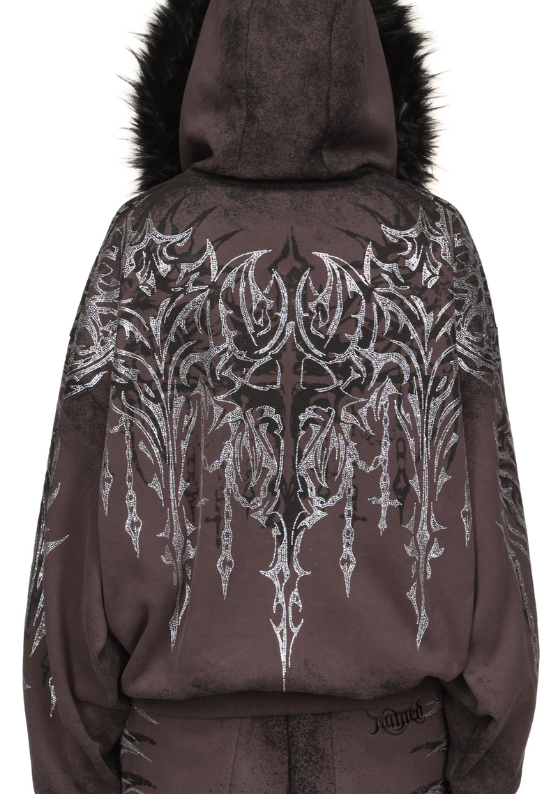 INFATUATION RHINESTONE ZIP HOODIE DEEP GREY