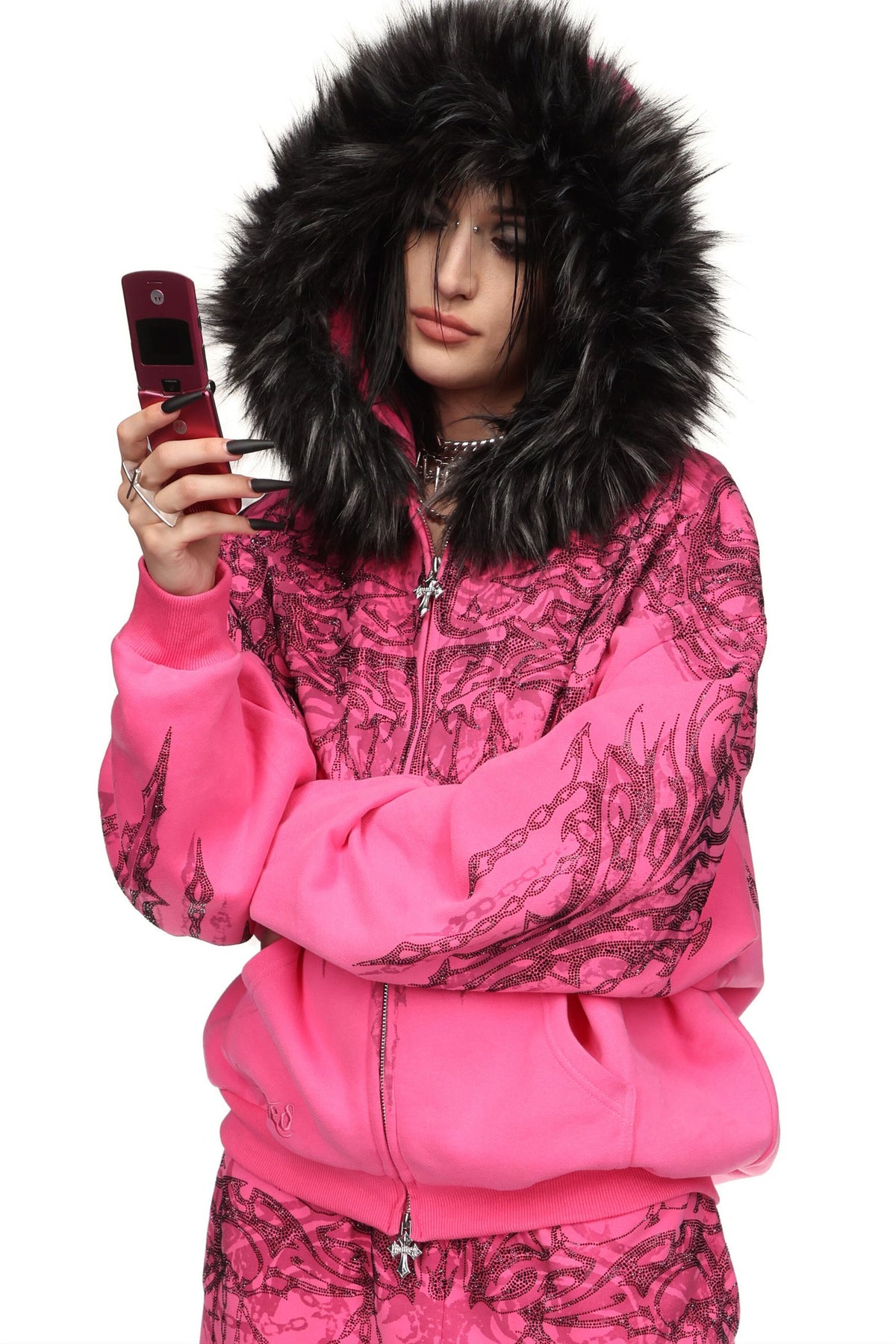 INFATUATION RHINESTONE ZIP HOODIE HOT PINK