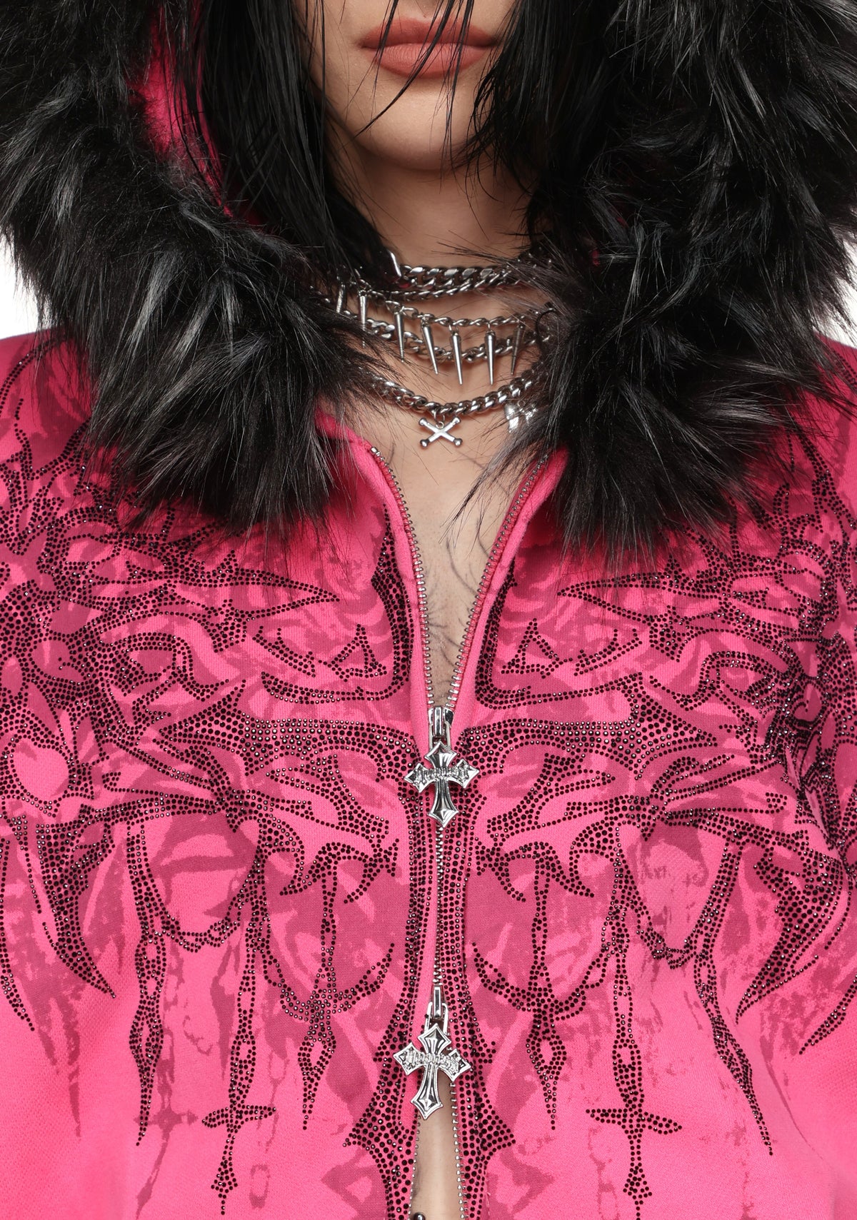 INFATUATION RHINESTONE ZIP HOODIE HOT PINK
