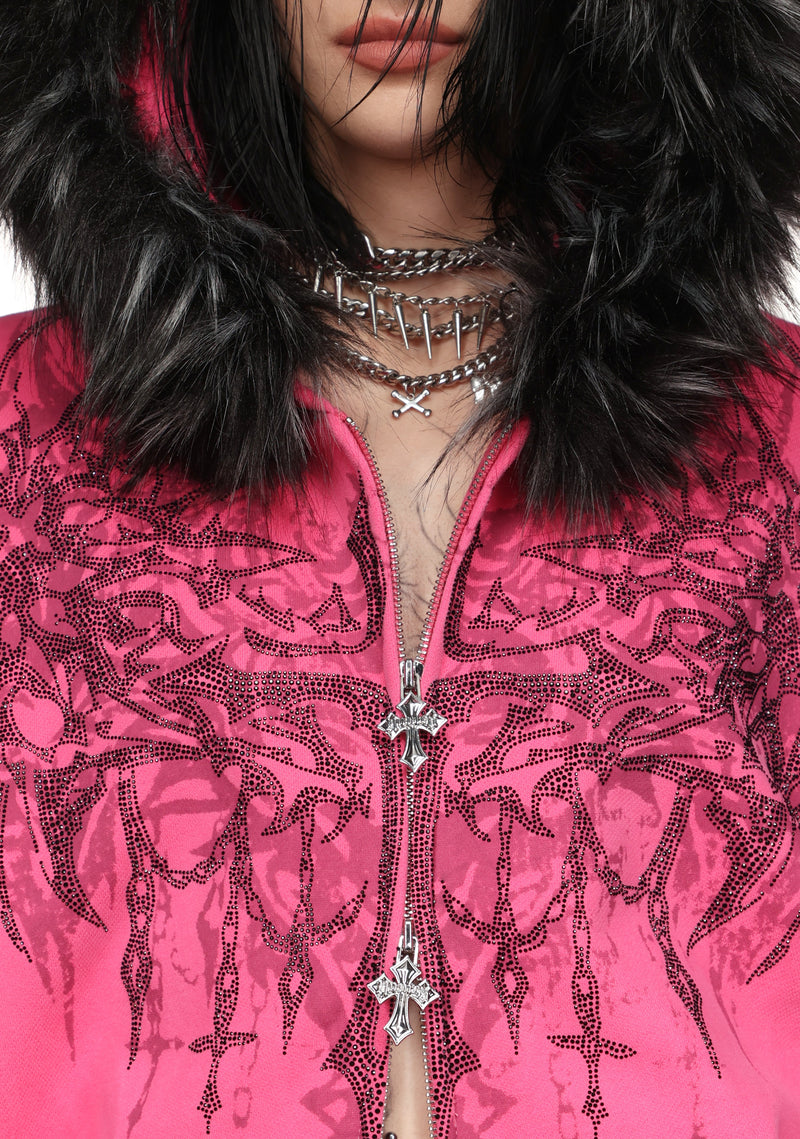 INFATUATION RHINESTONE ZIP HOODIE HOT PINK