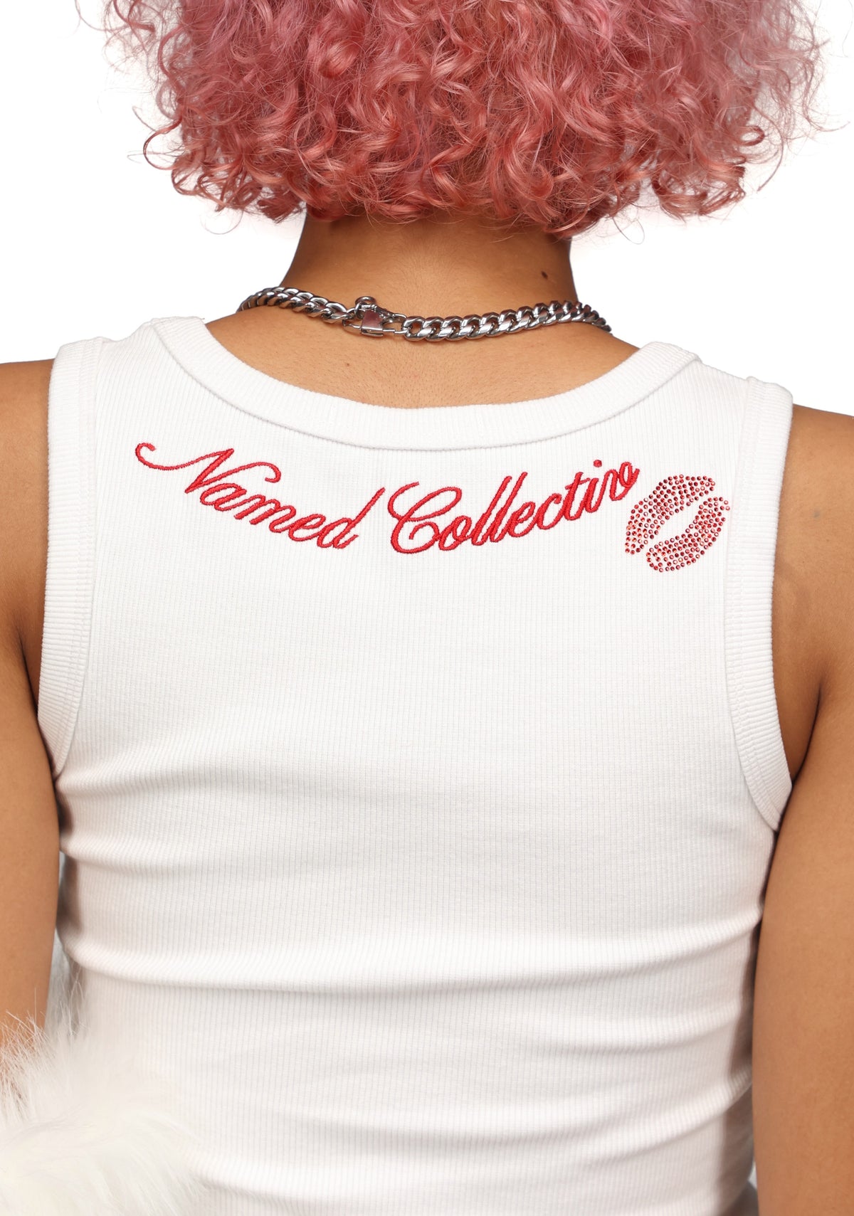 KISSES RHINESTONE RIBBED TANK WHITE