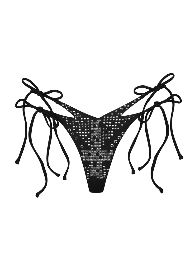 KNIGHT STUDDED DOUBLE STRAP THONG BIKINI BOTTOMS BLACK