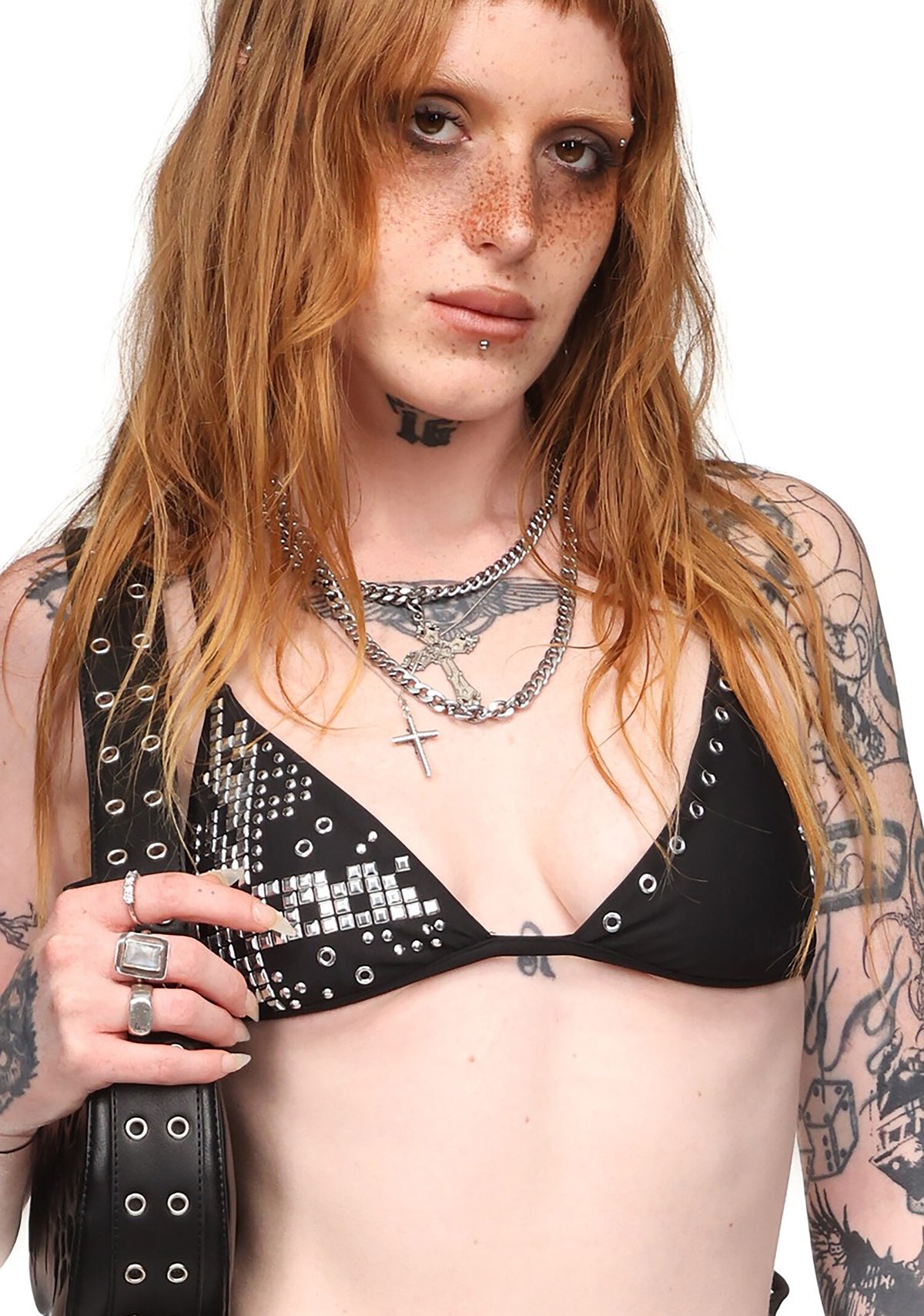 KNIGHT STUDDED TRIANGLE BIKINI TOP BLACK
