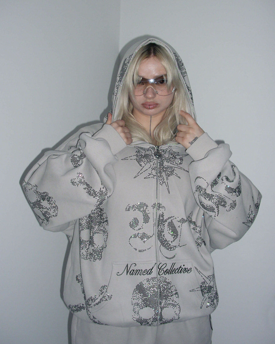 LETHAL RHINESTONE ZIP HOODIE BONE