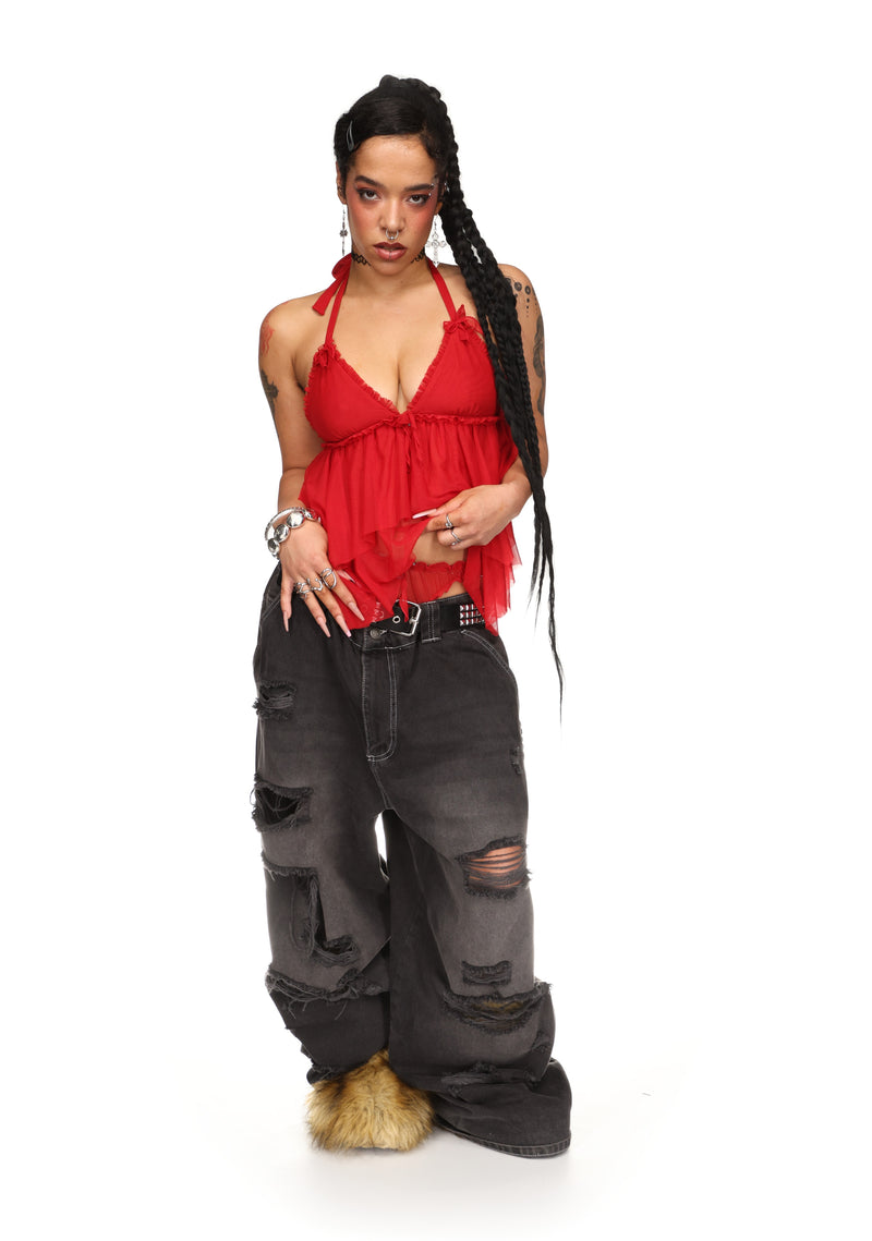LOVEBITE SHEER MESH HALTERNECK CAMI TOP RED