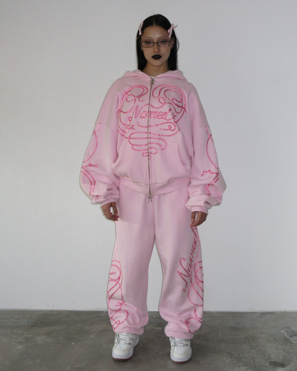 LUST RIBBON ZIP HOODIE BABY PINK