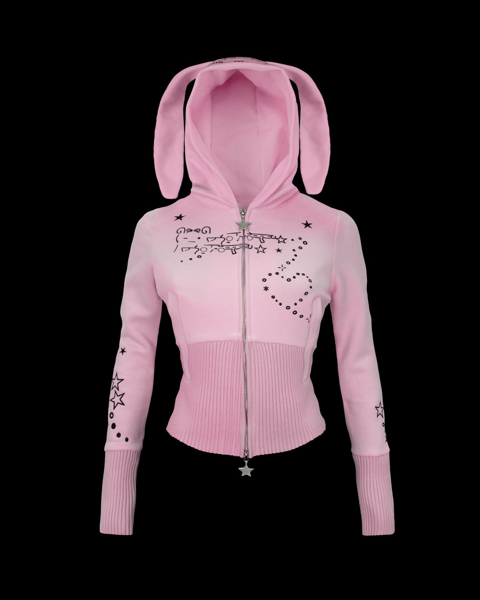 NAMED COLLECTIVE® MALFUNCTION BUNNY FITTED HOODIE BABY PINK with detachable ears, stars, and hearts.