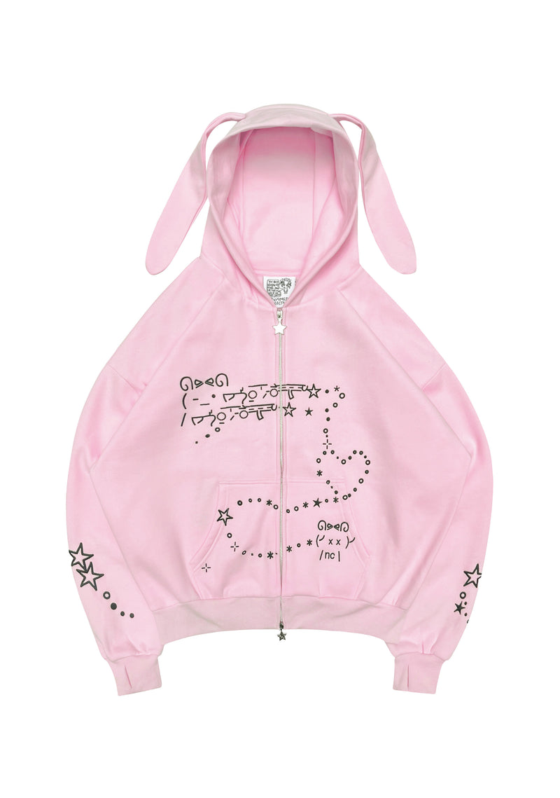 MALFUNCTION BUNNY ZIP HOODIE BABY PINK (DETACHABLE EARS)