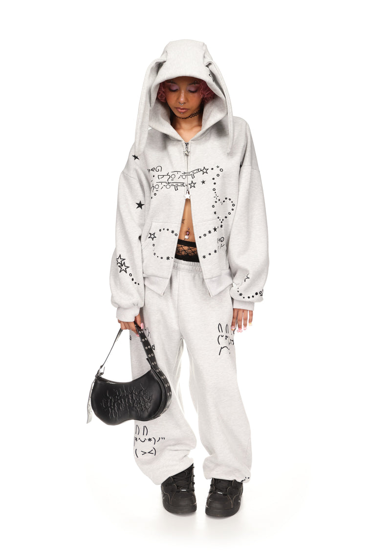 MALFUNCTION BUNNY ZIP HOODIE GREY MARL (DETACHABLE EARS)