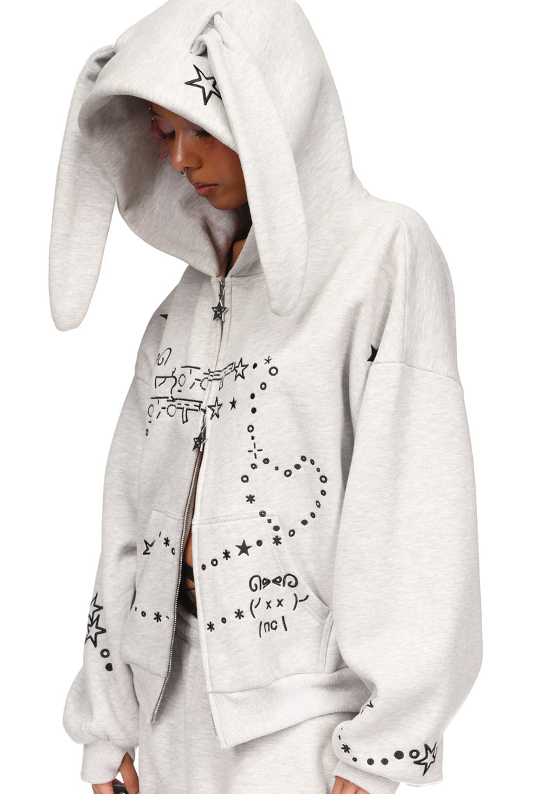 MALFUNCTION BUNNY ZIP HOODIE GREY MARL (DETACHABLE EARS)