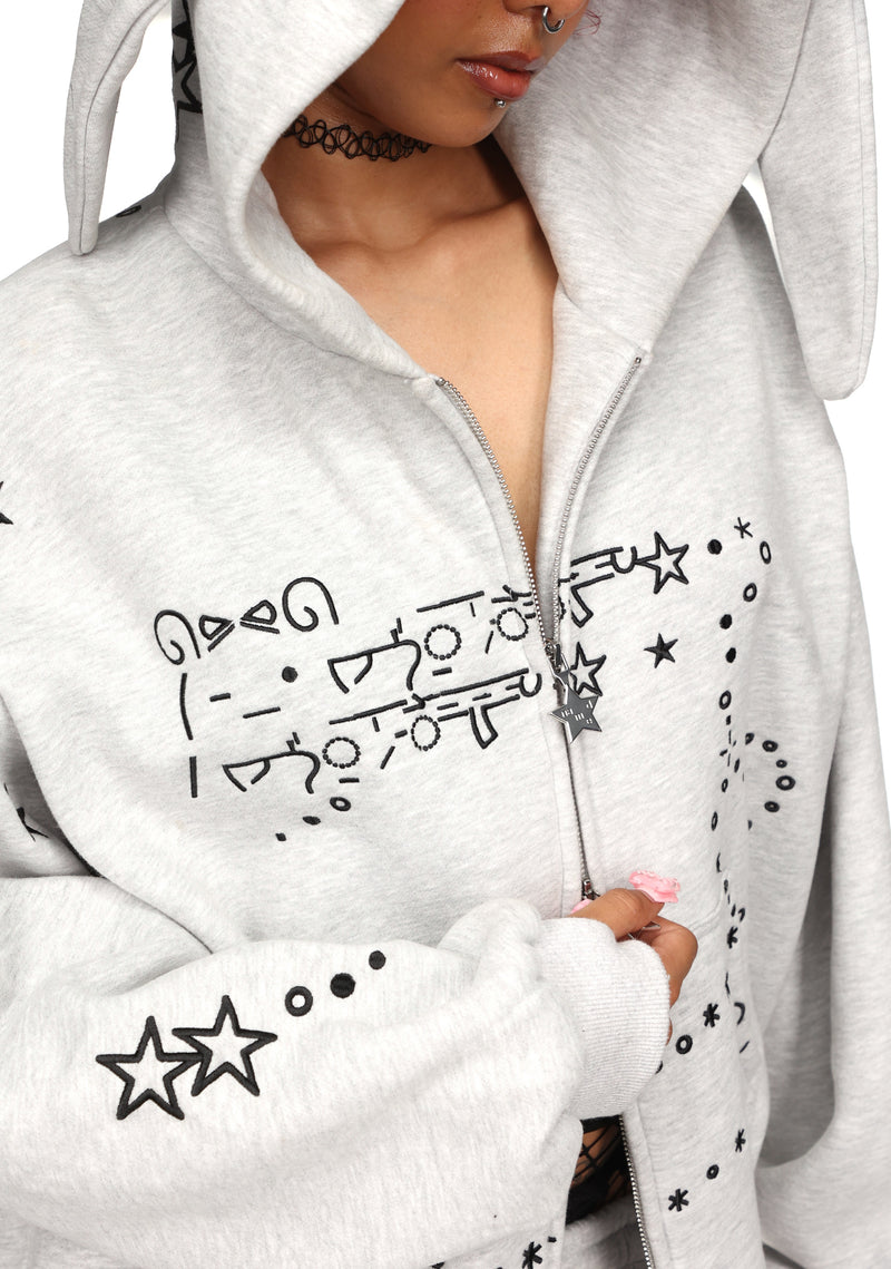 MALFUNCTION BUNNY ZIP HOODIE GREY MARL (DETACHABLE EARS)