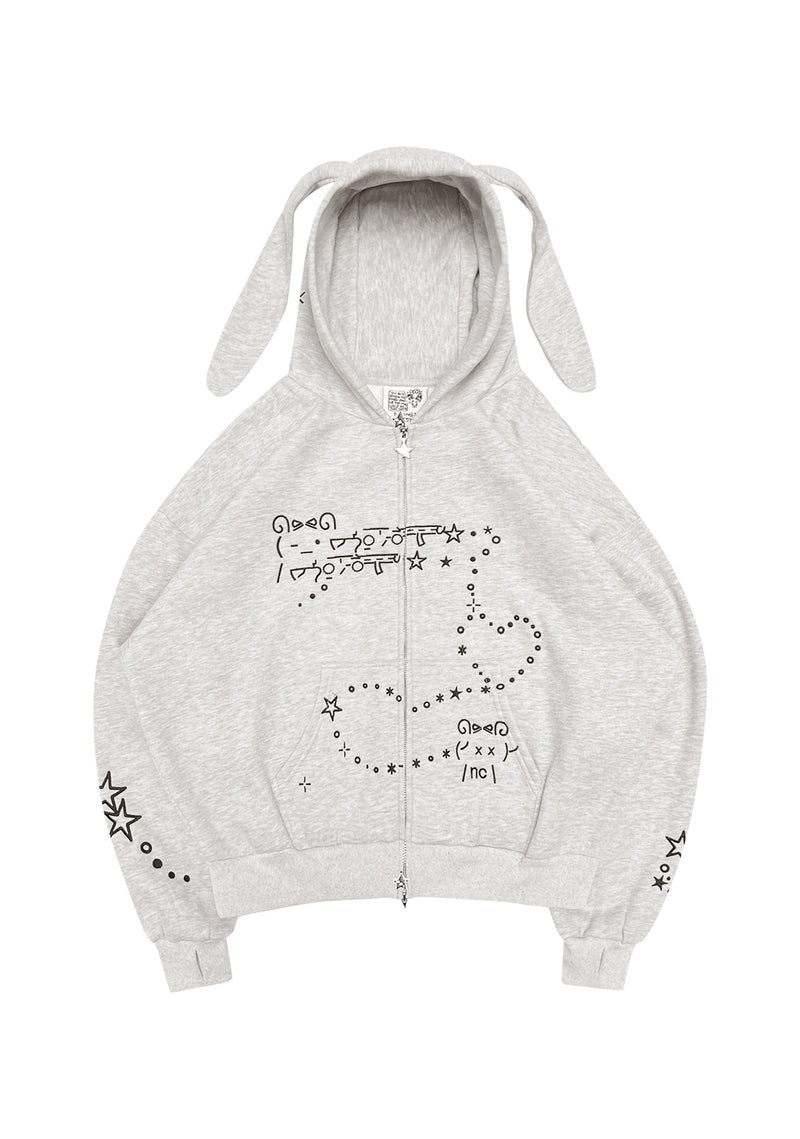 MALFUNCTION BUNNY ZIP HOODIE GREY MARL (DETACHABLE EARS)