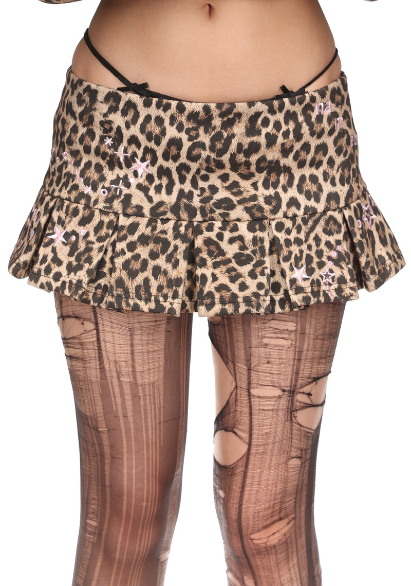 MALFUNCTION EMBROIDERED PLEATED MINI SKIRT LEOPARD PRINT