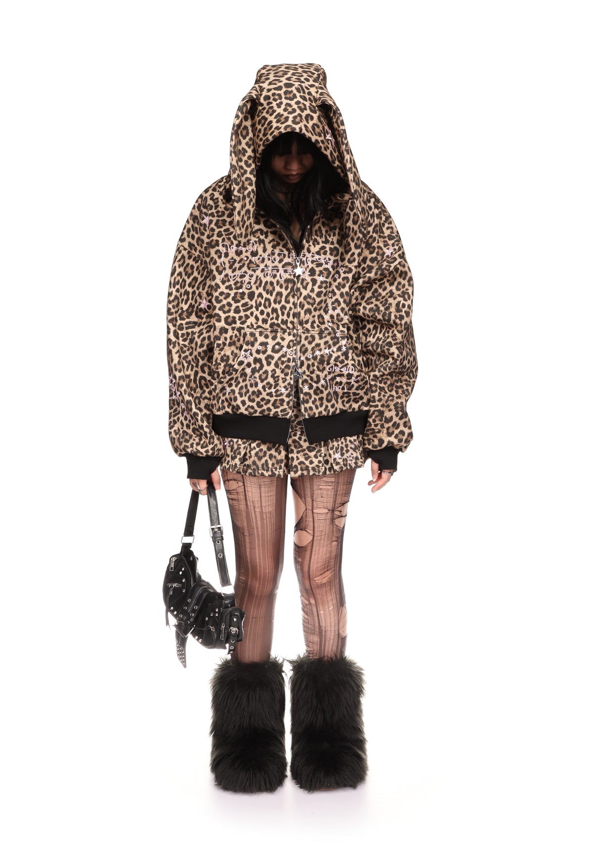 MALFUNCTION EMBROIDERED ZIP HOODIE LEOPARD PRINT (DETACHABLE EARS)