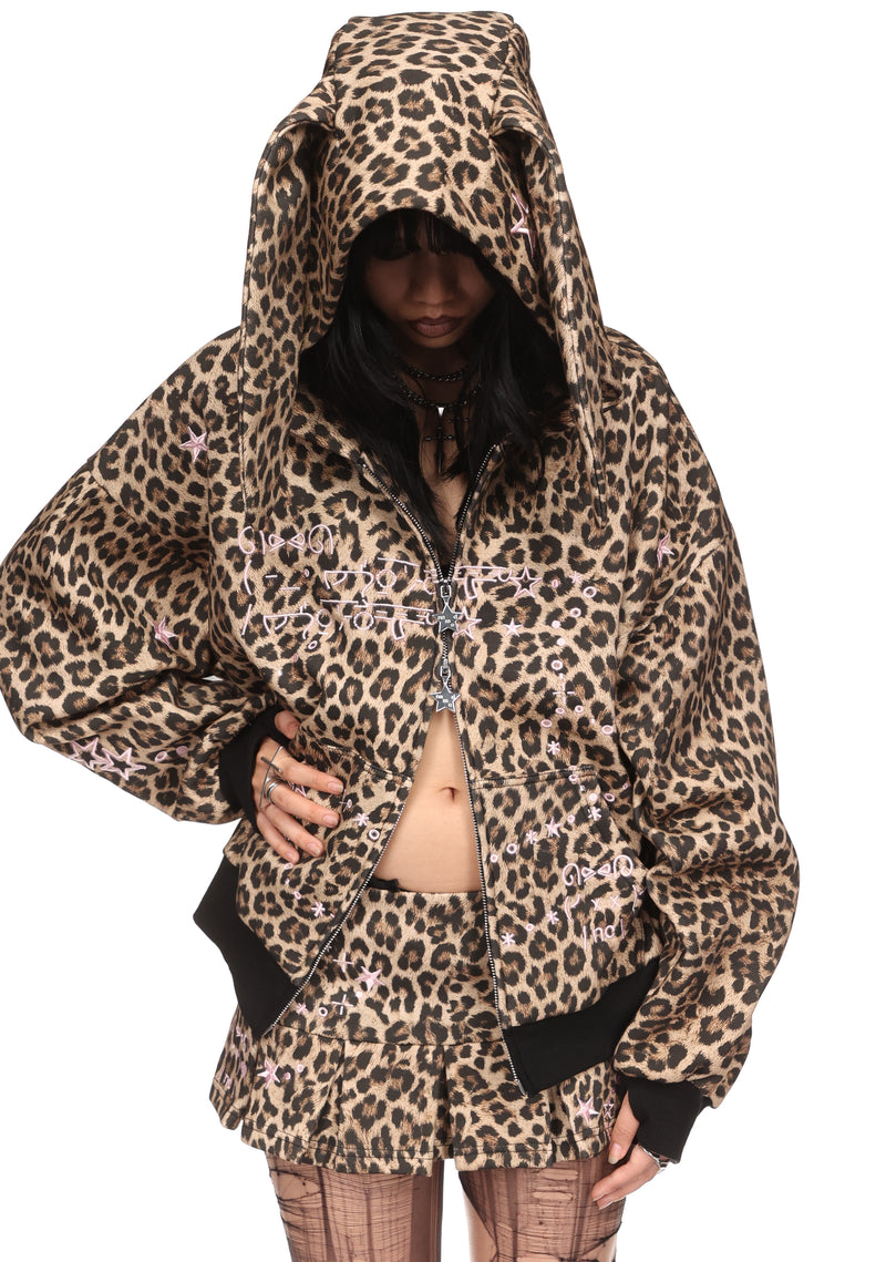 MALFUNCTION EMBROIDERED ZIP HOODIE LEOPARD PRINT (DETACHABLE EARS)