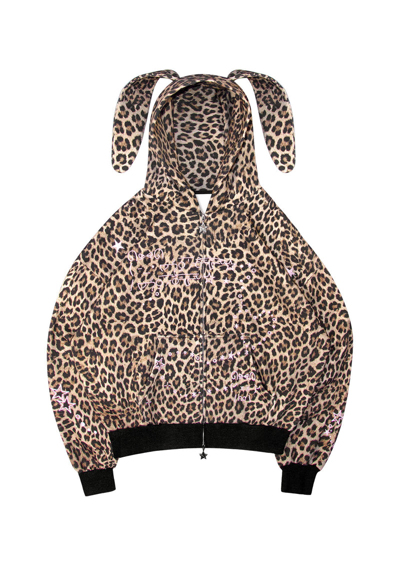 MALFUNCTION EMBROIDERED ZIP HOODIE LEOPARD PRINT (DETACHABLE EARS)