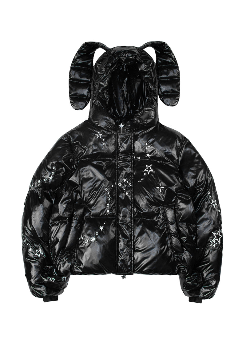 MALFUNCTION EMBROIDERED ZIP PUFFER JACKET BLACK (DETACHABLE EARS)