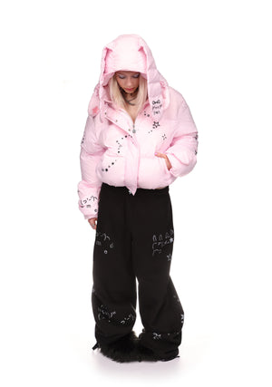 MALFUNCTION EMBROIDERED ZIP PUFFER JACKET PINK (DETACHABLE EARS)