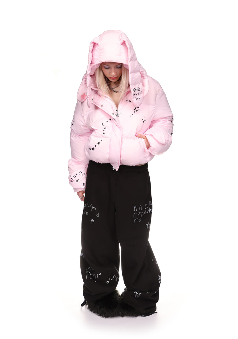 MALFUNCTION EMBROIDERED ZIP PUFFER JACKET PINK (DETACHABLE EARS)