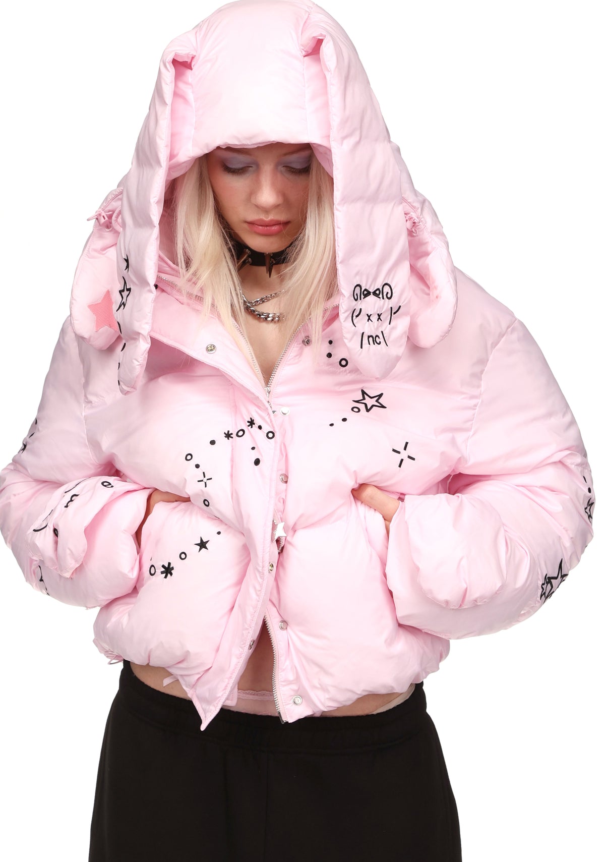 MALFUNCTION EMBROIDERED ZIP PUFFER JACKET PINK (DETACHABLE EARS)