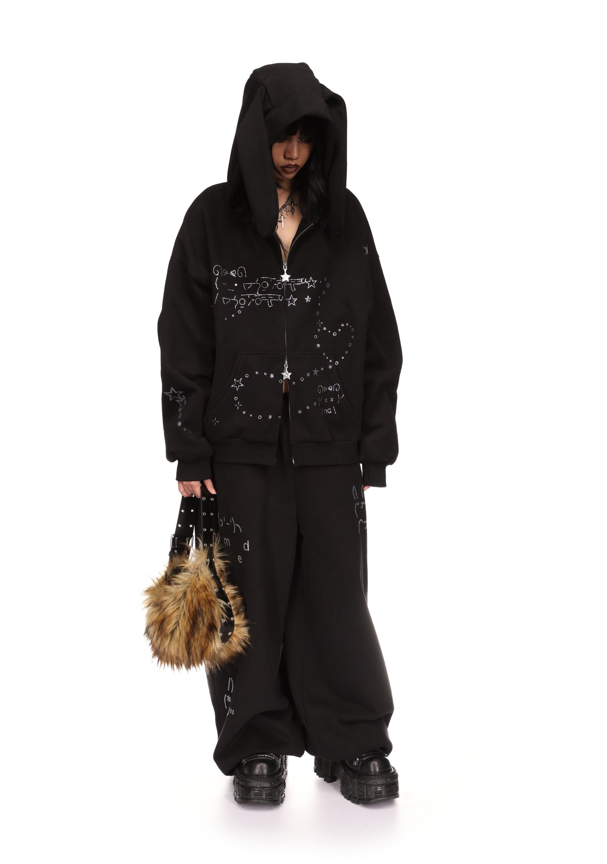 MALFUNCTION RHINESTONE ZIP HOODIE BLACK (DETACHABLE EARS)